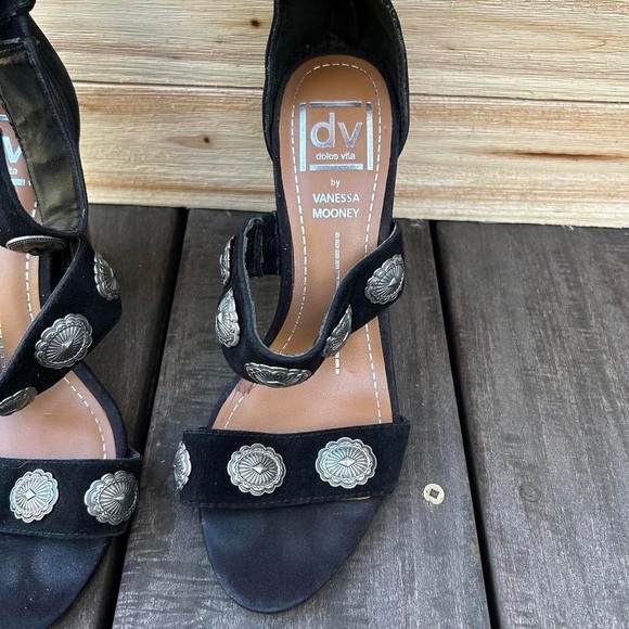 Black Dolce Vita Vanessa Mooney Montey Sandals Suede Ankle Strap Heels w/ Silver - Picture 3 of 7